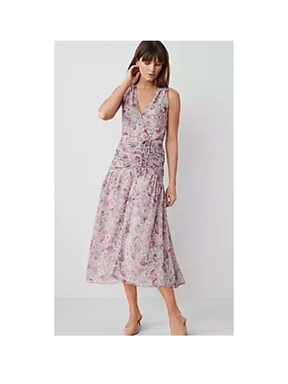 NWT $179 ANN TAYLOR ORCHID GLOW FLORAL RUCHED FLARE MIDI DRESS SZ 8P